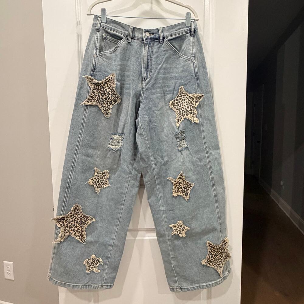 Blue Velvet • Light Wash Wide Leg Distressed Leopard Print Star Patches Denim